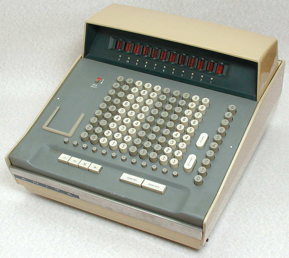 Figure 14 — 7a — A Sumlock/Bell Punch ANITA — the first all-electronic desktop calculator (1961), its logic and registers built from cold-cathode tubes including dekatrons. Photo: MaltaGC (English Wi…