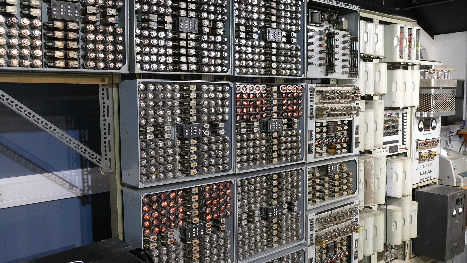 Figure 13 — 6a — The restored Harwell WITCH (Harwell Dekatron Computer) at The National Museum of Computing — its memory is racks of dekatrons, each storing a digit as a glow position. Photo: Badgers…