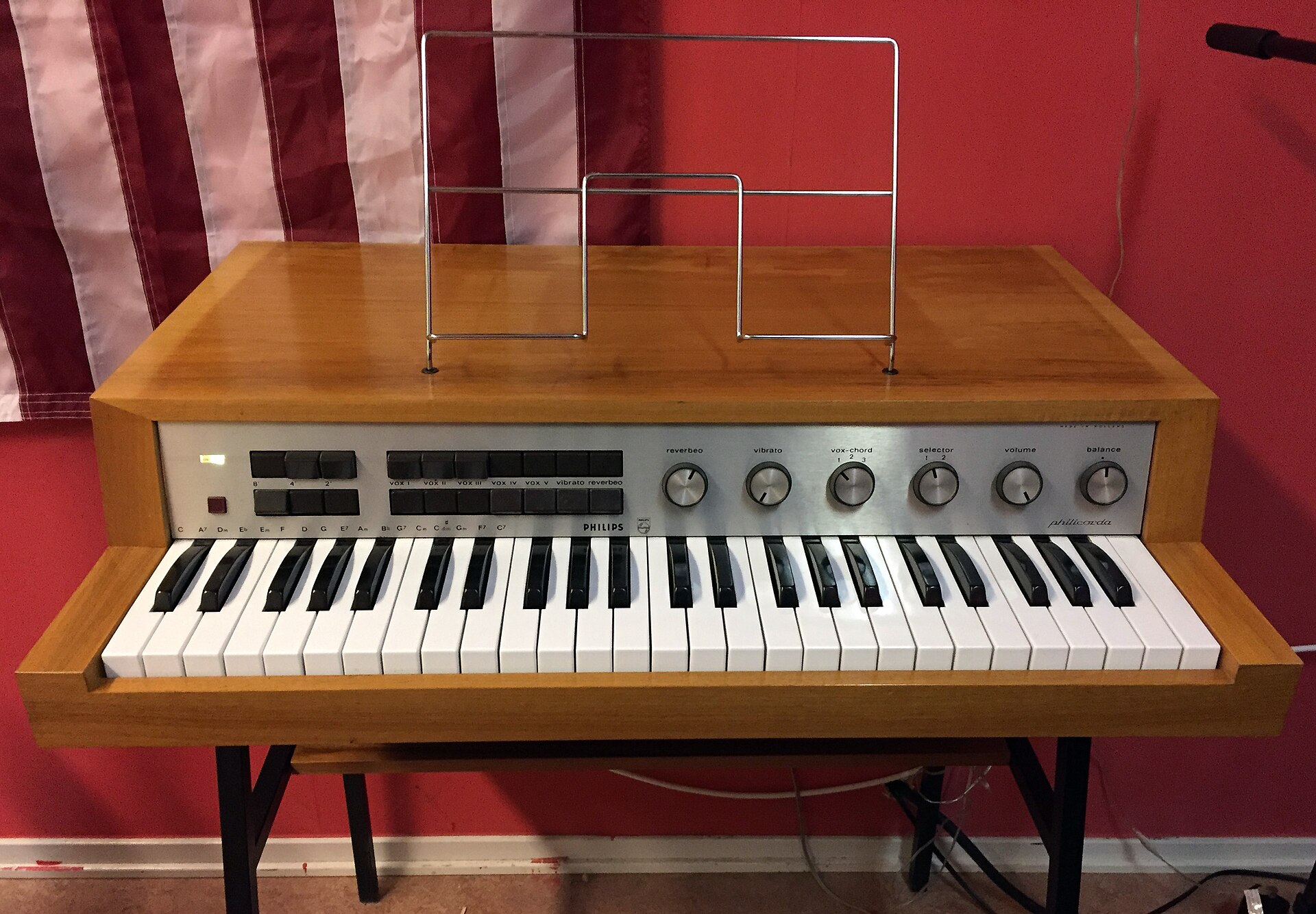Figure 1 — A Philips Philicorda 22GM751, dated 1967. The GM751 was built first with valve oscillators and neon dividers and later in an all-transistor version that looks the same from outside; th…